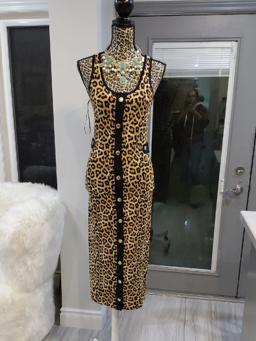 Michael Kors Leopard-Print Midi Dress with Black Trim